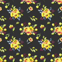 Fototapeta na wymiar Watercolor yellow roses bouquets seamless pattern