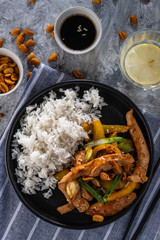 Kung Pao chicken, stir-fried Chinese sichuan traditional sichuan  dish with chicken, peanuts,...