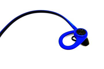 Close up blue earphone isolated on white background - Technology device concept 