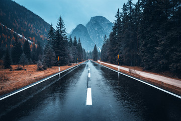 Road in the autumn forest in rain. Perfect asphalt mountain road in overcast rainy day. Roadway with reflection and pine trees in italian alps. Transportation. Empty highway in foggy woodland. Trip - obrazy, fototapety, plakaty