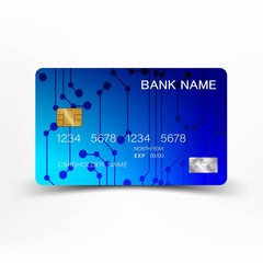 Modern credit card template design. With inspiration from the line abstract. Blue color on gray background. Glossy plastic style.