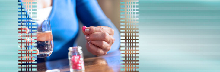 Female hands taking medication. panoramic banner