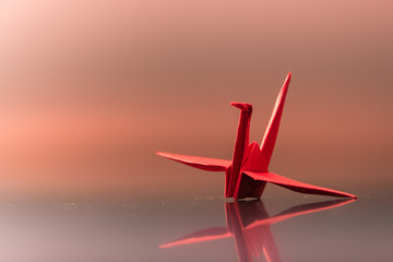 a red crane made of paper in sunset or sunrise atmosphere with reflection