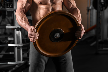 Fototapeta na wymiar Muscular man training with weight plate in gym