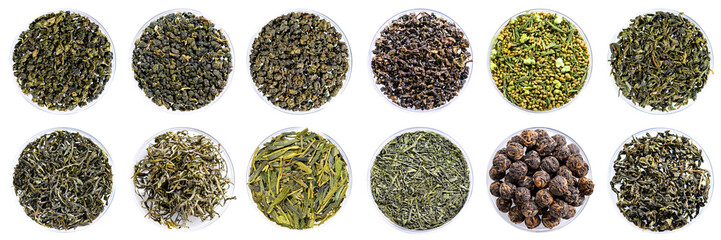 collection of green tea top view close-up set isolated on white background