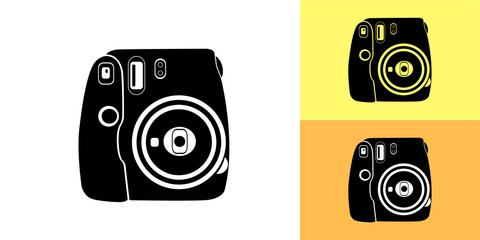 Icon of the camera in black on a white background with a overlay and examples of using the vector