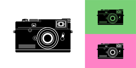 Icon of the camera in black on a white background with a substrate made in the vector