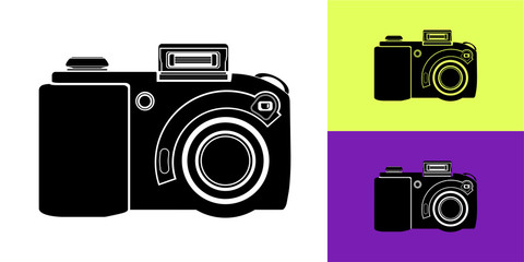 Icon of the camera in black on a white background with examples of using the vector