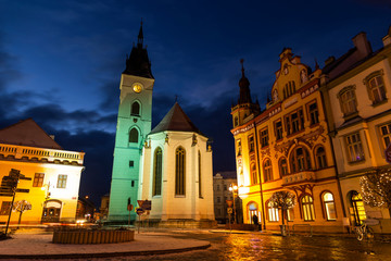 Fototapeta na wymiar Center of Vodnany in winter night, Czech republic.