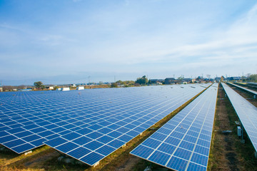 Solar power panels ,Photovoltaic modules for innovation green energy for life with blue sky...
