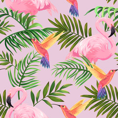 tropical pattern with flamingos, hummingbirds and palm leaves