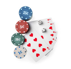 Chips with cards and dices for poker game on white background