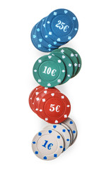 Chips for poker game on white background