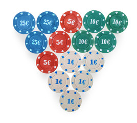 Chips for poker game on white background
