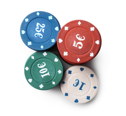 Chips for poker game on white background