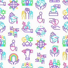 Tolerance seamless pattern with thin line icons: gender, racial, national, religious, sexual orientation, educational, interclass, for disability, respect, human rights, democracy. Vector illustration
