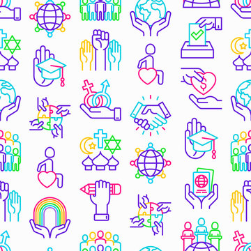 Tolerance seamless pattern with thin line icons: gender, racial, national, religious, sexual orientation, educational, interclass, for disability, respect, human rights, democracy. Vector illustration