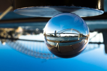 Sydney Harbour bridge photography in a clear glass crystal ball.