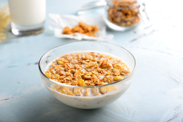 Bowl with tasty granola and yogurt on light table