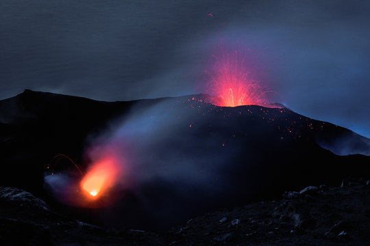 Eruption of volcano Stromboli, Italy