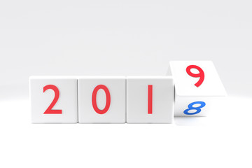 3D Rendering : illustration of 2018-2019 dice on white background. changing time of new year. new year 2019 concept. beginning time.