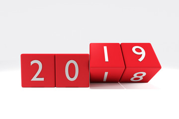 3D Rendering : illustration of 2018-2019 dice on white background. changing time of new year. new year 2019 concept. beginning time.