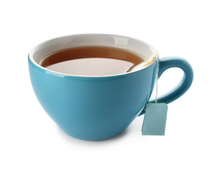 Cup of hot tea on white background