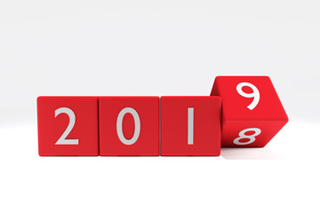 3D Rendering : illustration of 2018-2019 dice on white background. changing time of new year. new year 2019 concept. beginning time.