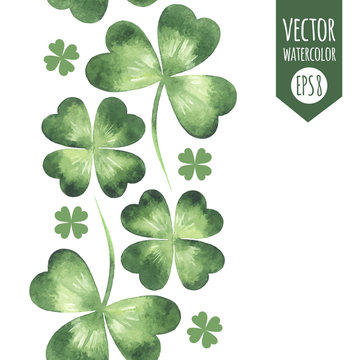 Vertical seamless border, frame made of green watercolor vector clover leaves, shamrock, trefoil, quarterfoil. St. Patrick's Day watercolour design element, template for cards, greetings.