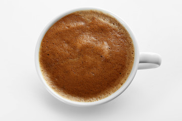 Cup of hot coffee on white background