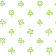 Various hand marker drawn clover leaves, shamrock seamless repeat vector pattern. St.Patrick's day, spring background. Stylized simple doodle style different trefoil, quatrefoil outline texture.