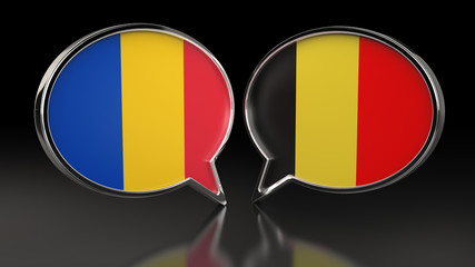 Fototapeta premium Romania and Belgium flags with Speech Bubbles. 3D illustration