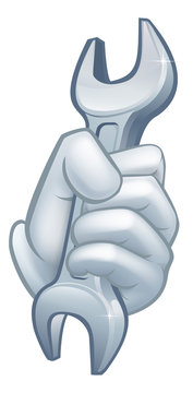 A hand holding a spanner tool icon concept