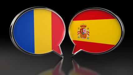 Romania and Spain flags with Speech Bubbles. 3D illustration