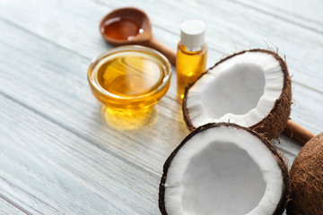 Composition with coconut oil on wooden background