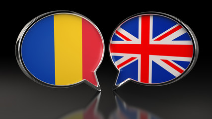 Romania and United Kingdom flags with Speech Bubbles. 3D illustration