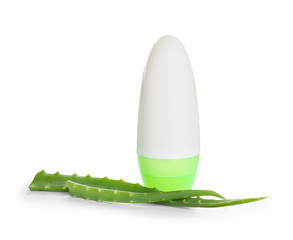 Deodorant and aloe vera leaves on white background