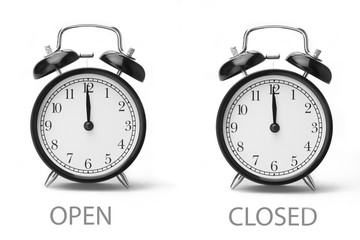 Sign showing business opening hours Black and white image Isolated on white background