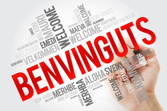 Benvinguts (Welcome in Catalan) word cloud in different languages, conceptual background with marker