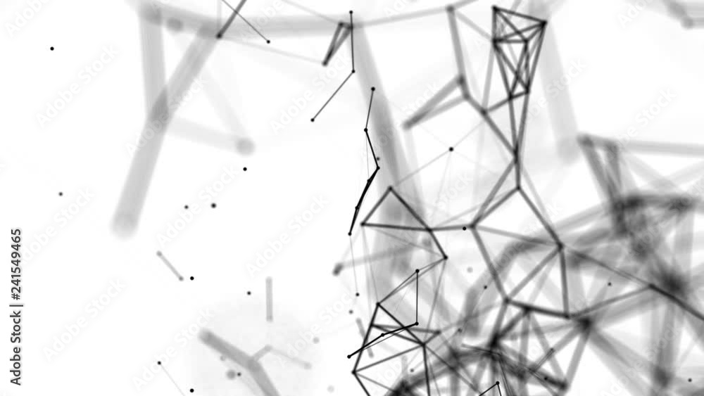 Poster black particles connected by lines. flying slowly on a white background. 3d rendering
