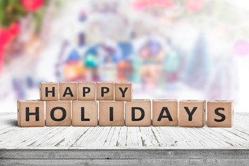Happy Holidays sign made of wooden toy cubes