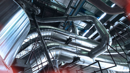 Fototapeta premium Industrial zone, Steel pipelines, valves and ladders