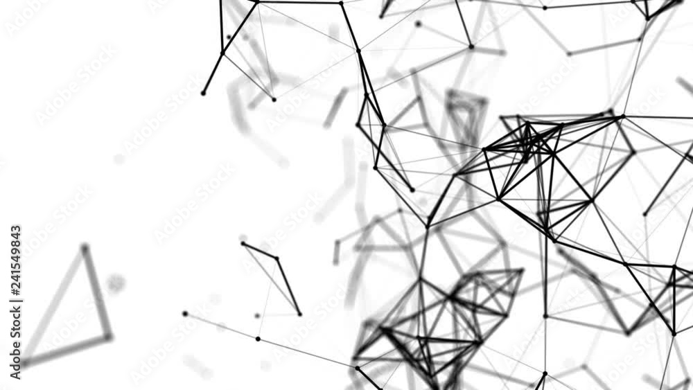 Poster black particles connected by lines. flying slowly on a white background. 3d rendering