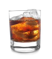 Glass of tasty soda with ice on white background