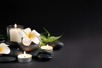 Fototapeta na wymiar Beautiful spa composition with stones, candles and flowers on dark background