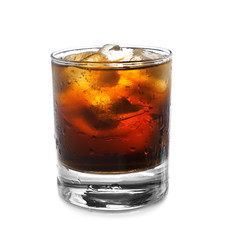 Glass of tasty soda with ice on white background