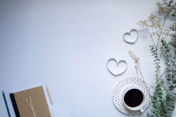 Ribbon hearts, notebook and coffee on white background, Valentines day.