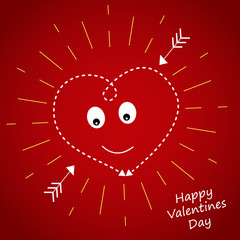 Heart on a dark red background in the yellow rays of the sun. ard for Valentine s day. Two Cupid s arrows flying in the center.