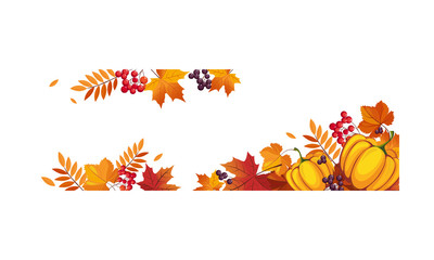 Obraz na płótnie Canvas Thanksgiving banner with pumpkins and colorful chokeberry, rowan, maple leaves, border frame with space for text vector Illustration