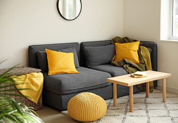 Big comfortable sofa in interior of living room